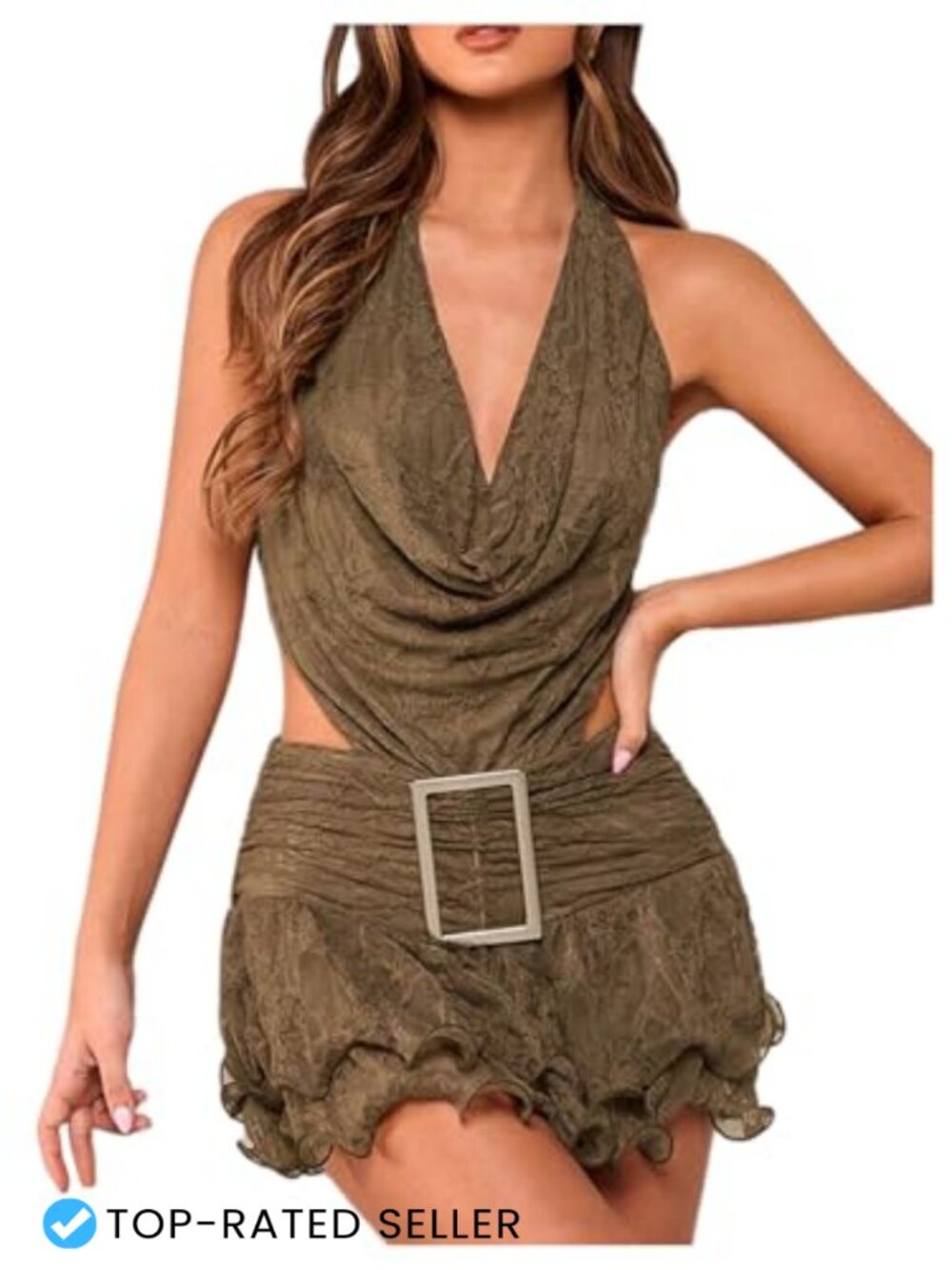 Women's Floral Lace Halter Mini Dress Ruffle Tiered Backless Y2K Club Party